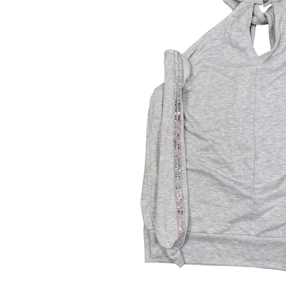 VENUS Cold Shoulder Top Womens L Gray Rhinestone Keyhole Halter Long Sleeve - Picture 10 of 17
